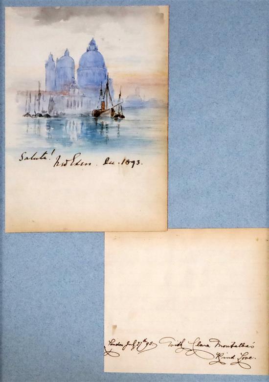 Venice Folio 1893 Six pages from a visitors book with watercolours by Henry Woods, Valentine Prinsep and Clara Montalba and the autogr